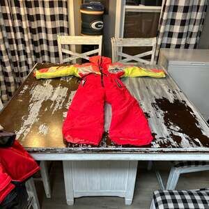 Vintage 90s Roffe Demetre One-Piece Ski Suit Colorblock Neon Red Grey Yellow